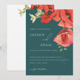 Invitación Boda floral de amapola roja verde esmeralda