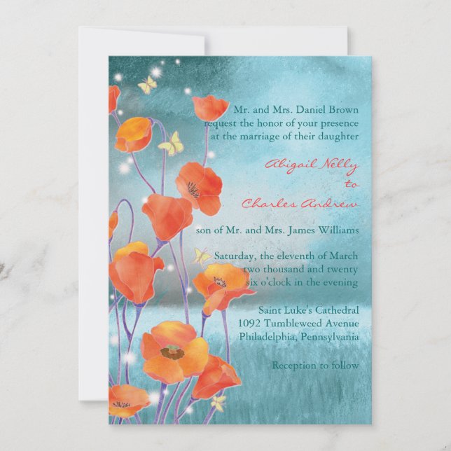 Invitación Boda Floral de amapola roja y turquesa (Anverso)