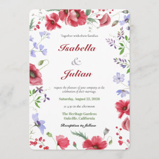 Invitación Boda floral de amapola y lavanda de acuarela roja