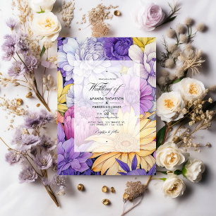 Invitación Boda floral de amarillo pálido, lavanda y plata