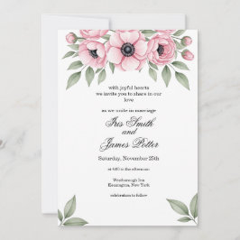 Invitación Boda floral de anemona en acuarela rosa romántica
