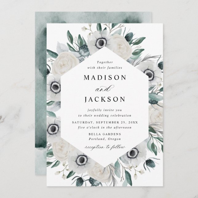 Invitación Boda Floral de Anemones Blancos y Rosas (Anverso / Reverso)