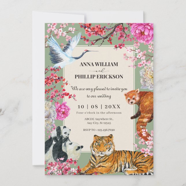 Invitación Boda floral de animales salvajes rústicos de época (Anverso)