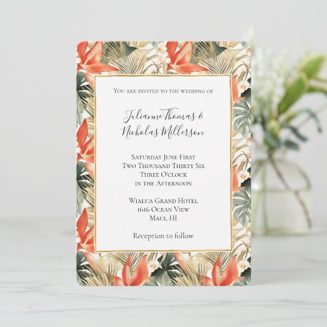 Invitación Boda floral de antrurio Naranja tropical (Anverso de pie)