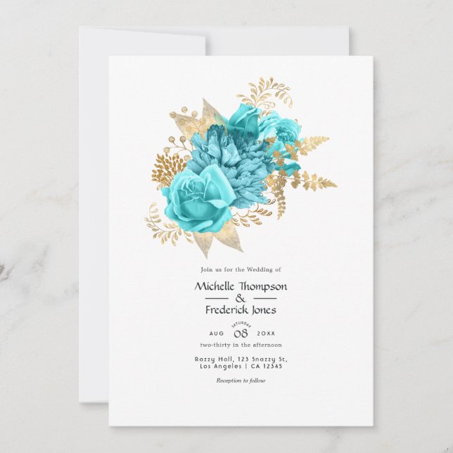 Invitación Boda floral de aqua y oro (Anverso)