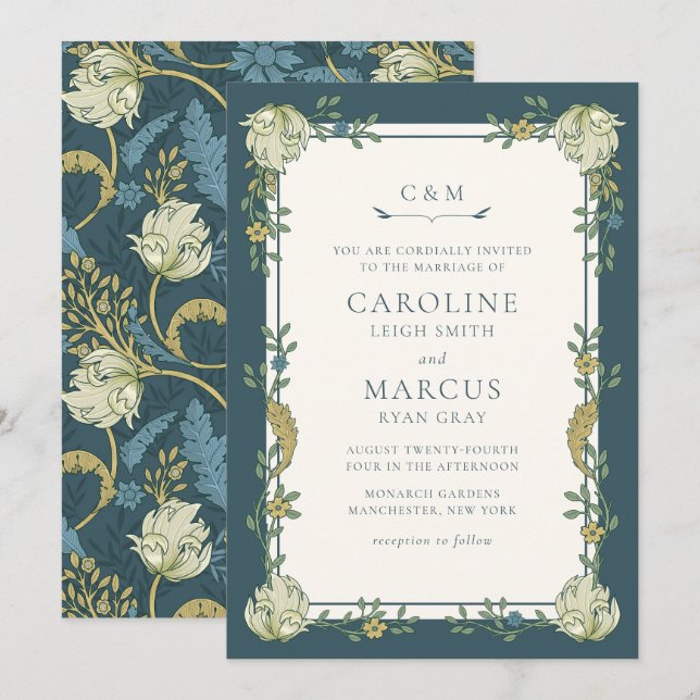 Invitación Boda floral de Art Nouveau Morris Garden (Anverso / Reverso)