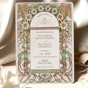 Invitación Boda floral de Art Nouveau Sepia y Cream