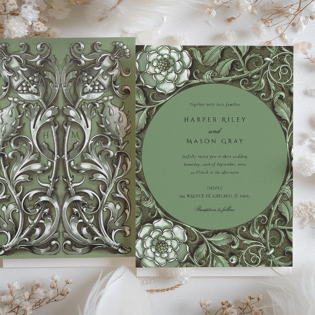 Invitación Boda floral de Art Nouveau verde apagado (Subido por el creador)