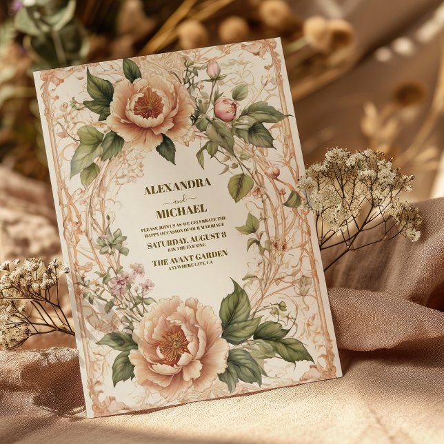 Invitación Boda floral de Art Nouveau verde rosa (Subido por el creador)