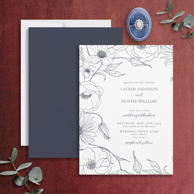 Invitación Boda floral de arte de la línea azul de la marina  (Subido por el creador)
