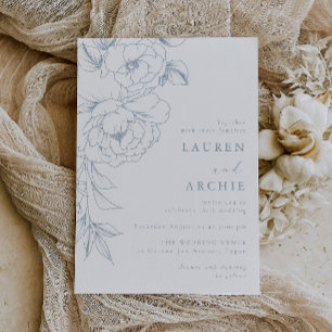 Invitación Boda floral de arte de línea azul elegante