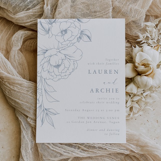 Invitación Boda floral de arte de línea azul elegante (Subido por el creador)