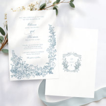 Boda floral de arte lineal azul polvoriento románt