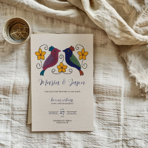 Invitación Boda floral de aves mexicanas magenta azul marino
