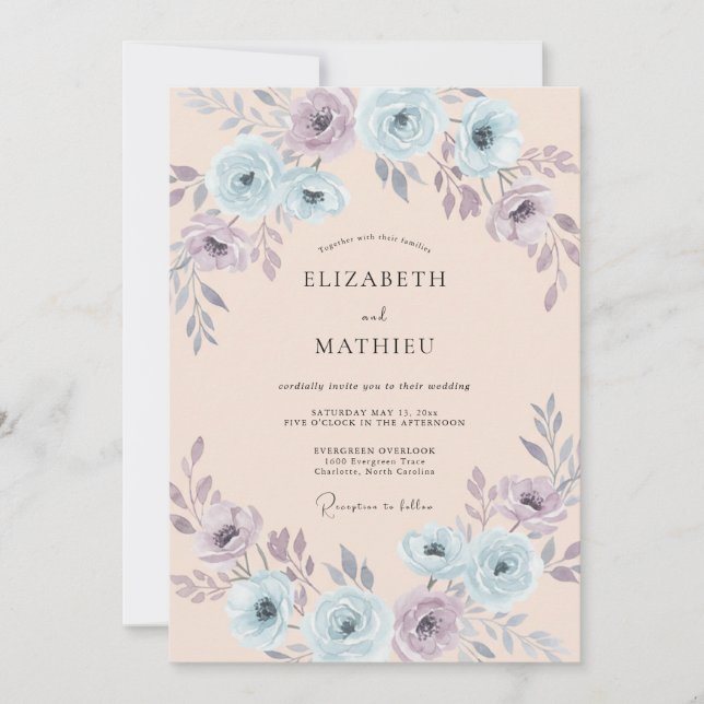 Invitación Boda Floral de Azul Claro Etéreo con Rubor (Anverso)