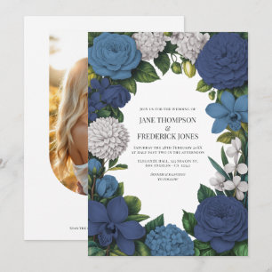 Invitación Boda floral de azul marino, azul polvoriento y pla