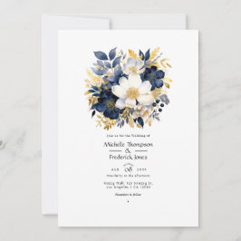 Invitación Boda floral de azul marino, blanco y dorado