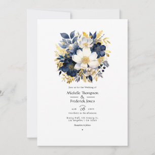 Invitación Boda floral de azul marino, blanco y dorado