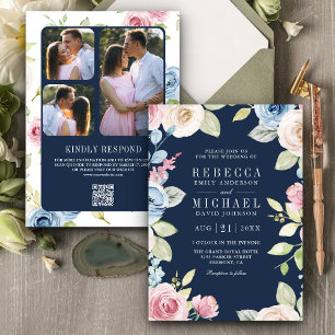 Invitación Boda Floral de Azul Marino con Código QR de Primav