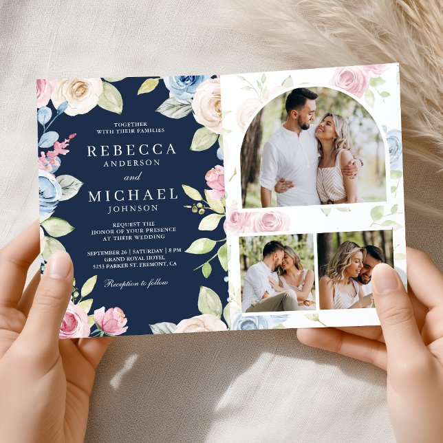 Invitación Boda Floral de Azul Marino con Código QR de Primav (Subido por el creador)