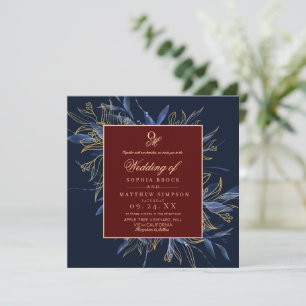 Invitación Boda floral de azul marino oscuro temperamental bu