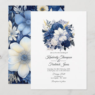 Invitación Boda floral de azul marino y blanco
