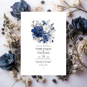Invitación Boda floral de azul marino y plata