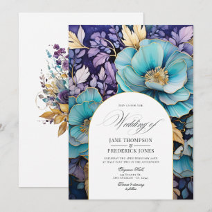 Invitación Boda floral de azul verdoso, púrpura y dorado