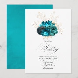 Invitación Boda floral de azul verdoso y dorado