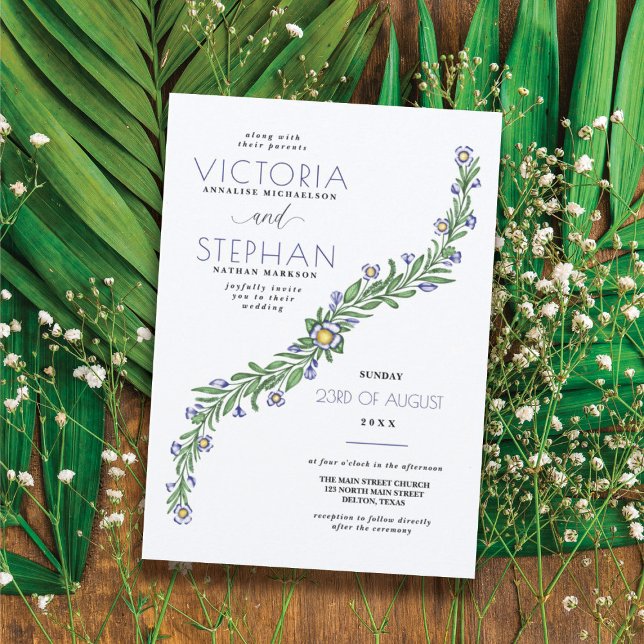 Invitación Boda floral de barrido azul de la marina simple y  (Subido por el creador)