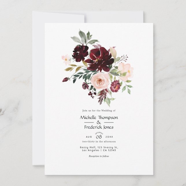 Invitación Boda floral de baya y rosa de Borgoña (Anverso)
