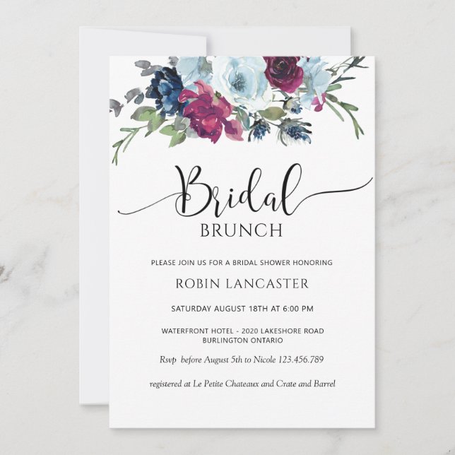 Invitación Boda floral de bayas, azul y borgoña para Brunch/F (Anverso)
