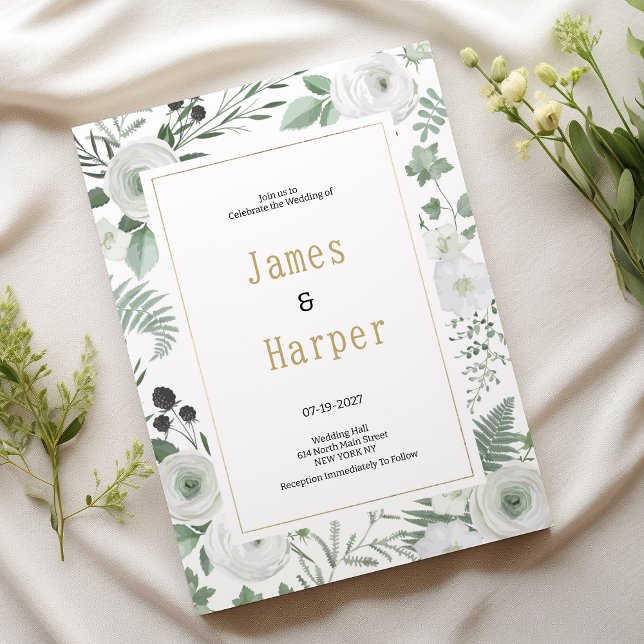 Invitación Boda floral de bayas de menta blanca botánica (Botanical white mint berries floral Wedding )