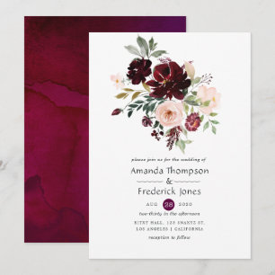 Invitación Boda floral de bayas y rubor de Borgoña