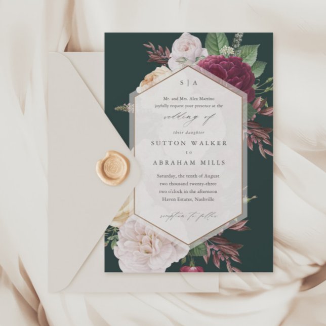 Invitación Boda Floral de Blooms Vintage (Vintage floral bouquet forest green wedding invitations.)