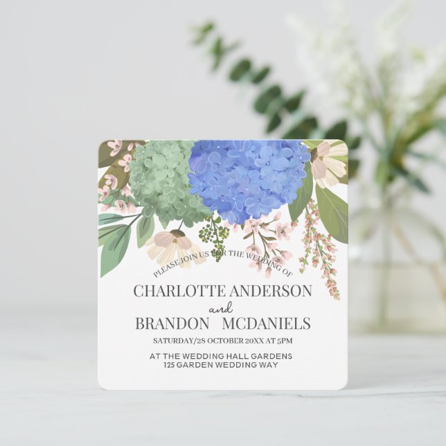 Invitación Boda floral de Blue Hydrangeas (Anverso de pie)