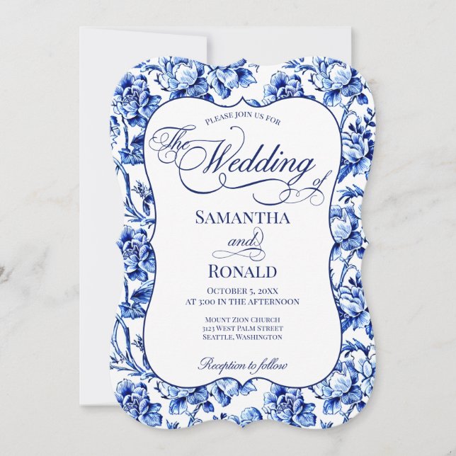Invitación Boda Floral de Blue & White w Calligraphy (Anverso)