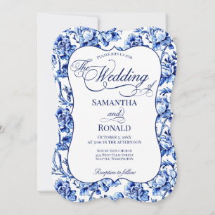 Invitación Boda Floral de Blue & White w Calligraphy