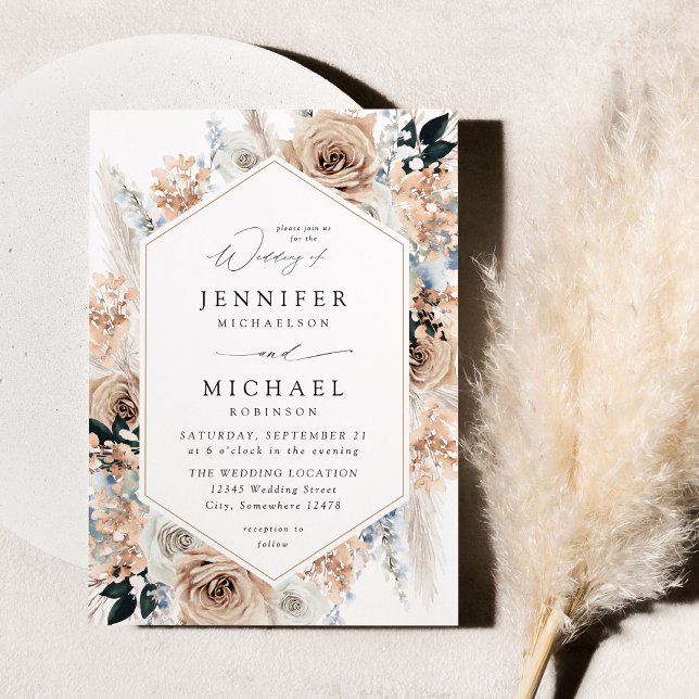 Invitación Boda floral de Boho azul y beige V2 (Subido por el creador)