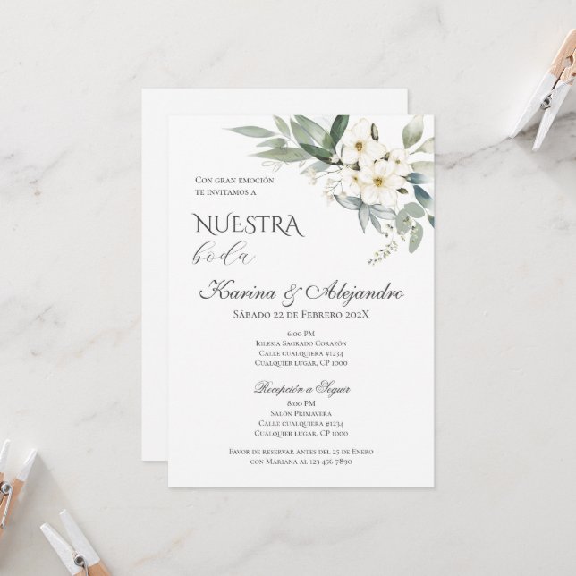 Invitación Boda floral de Boho español (Anverso/Reverso In Situ)