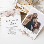 Invitación Boda floral de Boho marrón rosado moderno<br><div class="desc">Invitación a la Boda Floral Pink Brown con foto Rustic pero con un toque moderno, invitación a la boda bohemia bohemia rosa y marrón con un adorable arreglo floral con pampas y hojas de palma. Este diseño también incluye la foto de la pareja e información adicional en la parte posterior....</div>