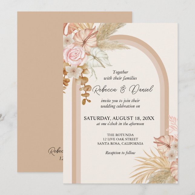 Invitación Boda floral de Boho Neutral Rústico (Anverso / Reverso)