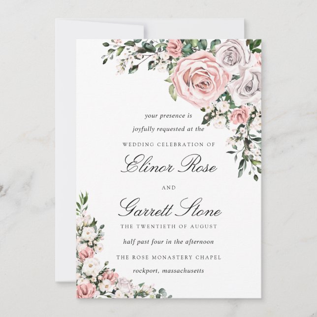 Invitación Boda floral de Boho rosa y morado Rosa ruso (Anverso)