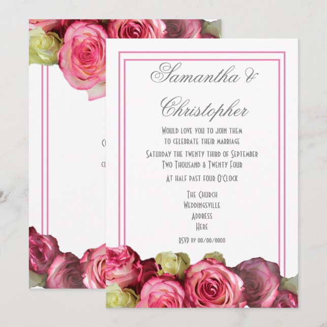 Invitación Boda floral de borde rosa de rosa (Anverso / Reverso)