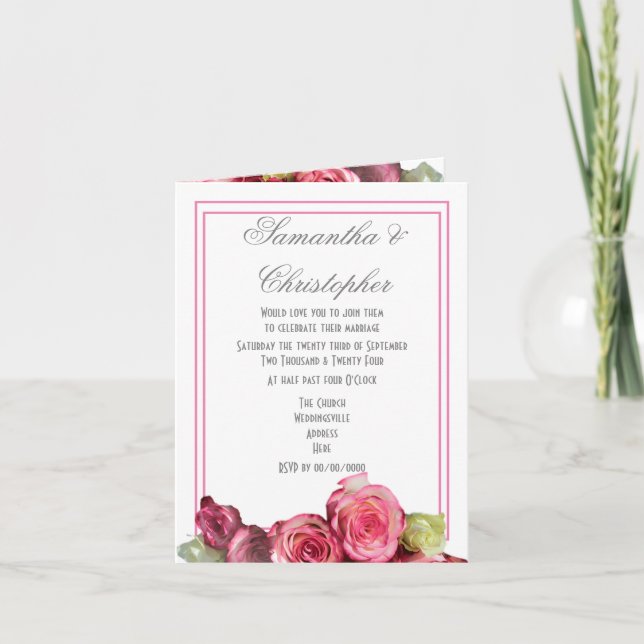Invitación Boda floral de borde rosa rosado (Anverso)