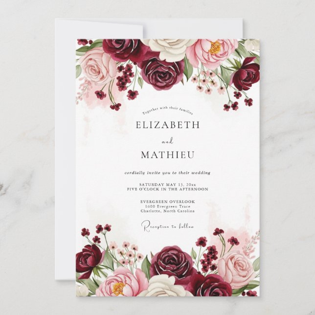 Invitación Boda floral de Borgoña (Anverso)