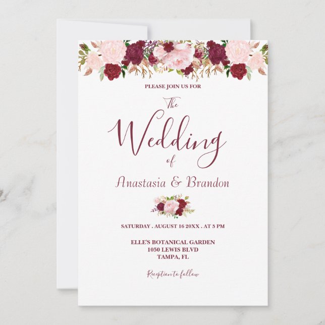 Invitación Boda floral de Borgoña (Anverso)