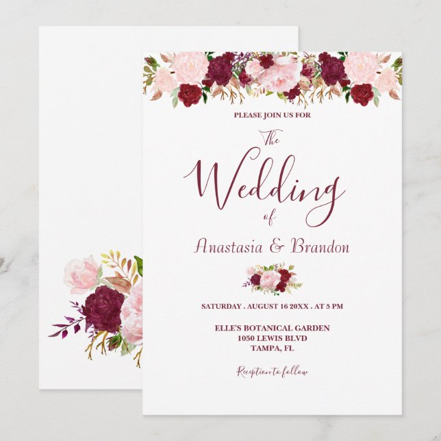 Invitación Boda Floral de Borgoña (Anverso / Reverso)