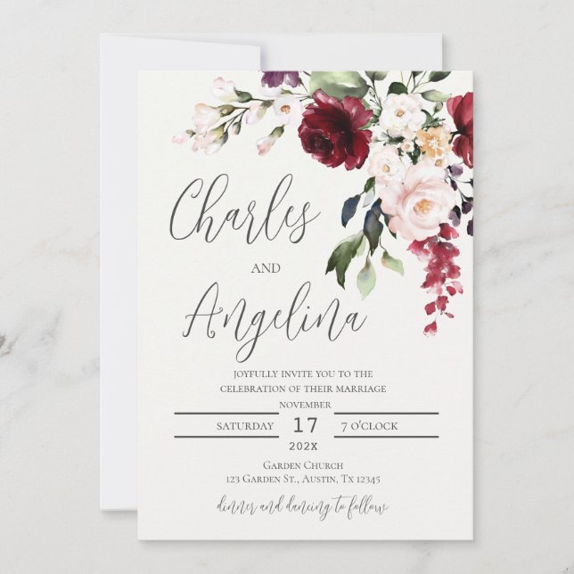Invitación Boda Floral de Borgoña (Anverso)