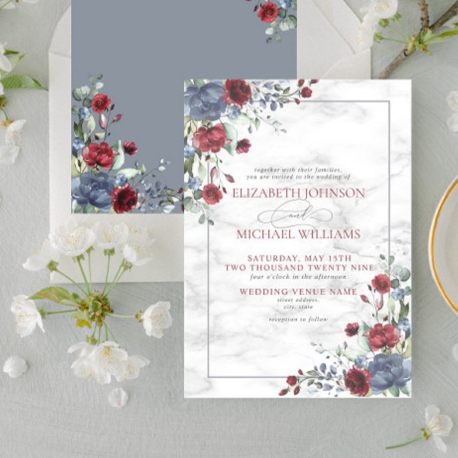 Invitación Boda Floral de Borgoña Azul Dusty Formal De Luz En (Subido por el creador)